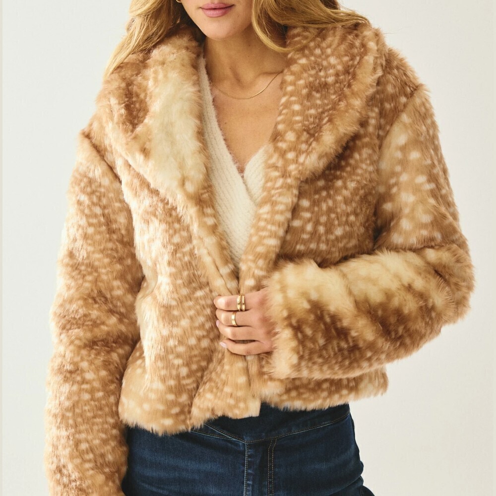Tan Deer Print Faux Fur Lapel Collar Cropped Jacket